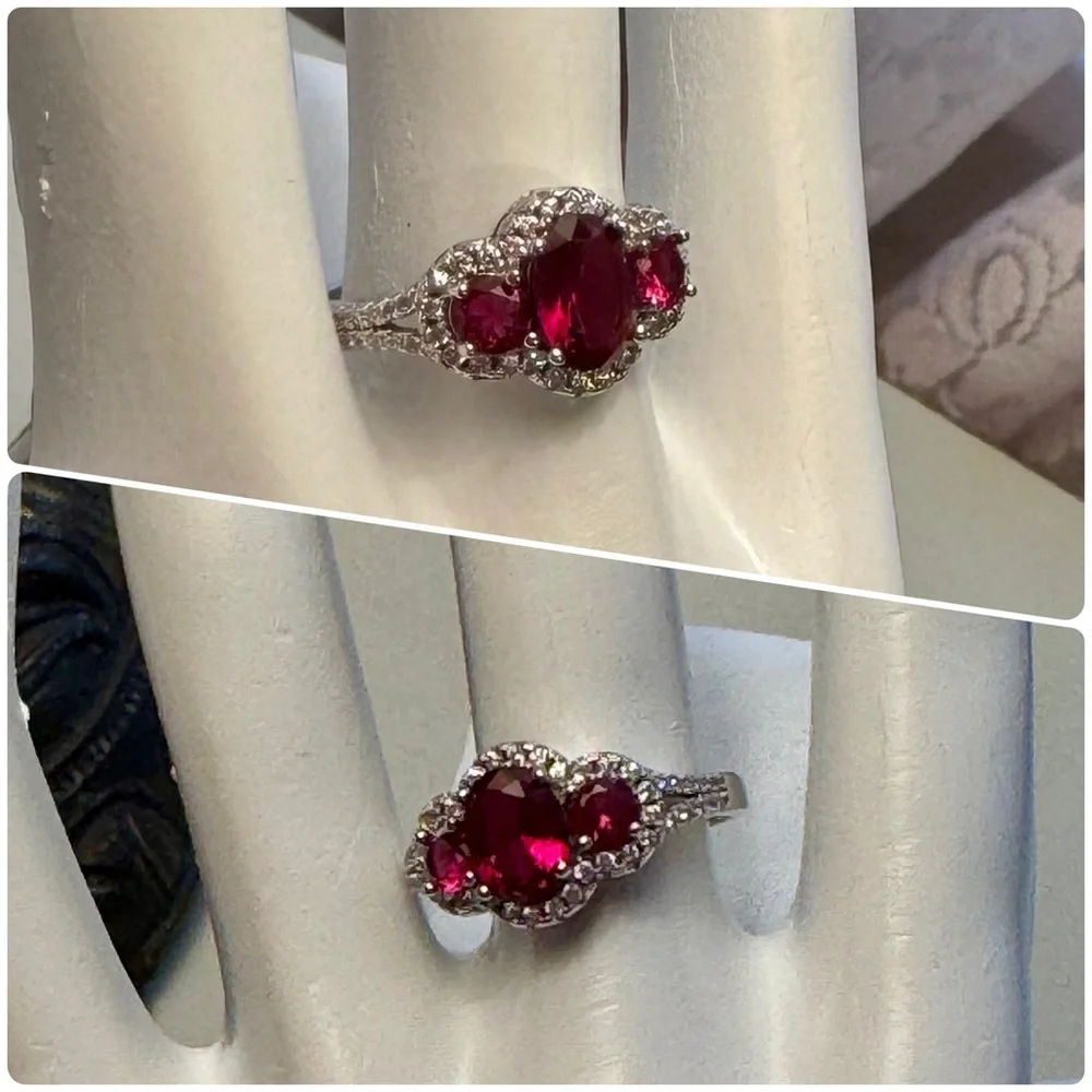 Three Oval Rubies and CZ Stones Set in 925 Sterling Silver Women’s Ring - Picture 6 of 7